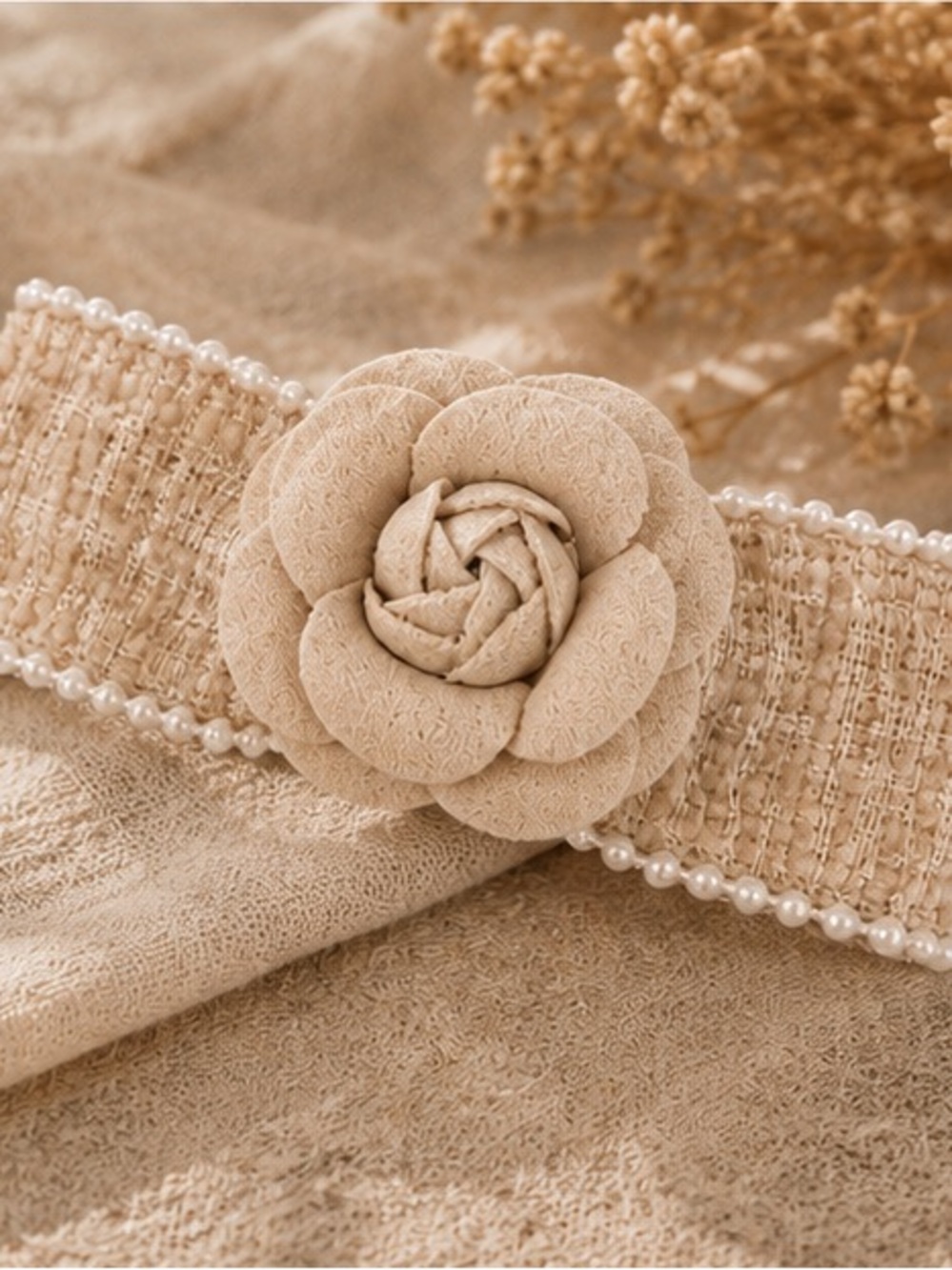 Designer Inspired Tweed Camellia Flower Hair Barrette Pearl Trim Beige Clip